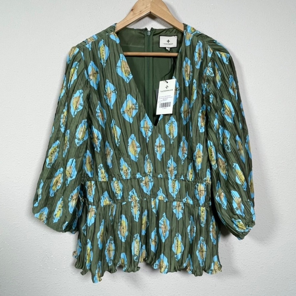 Tuckernuck Maisy Blouse Women XXL Green Diamond Pleated V-Neck Puff Sleeve Top